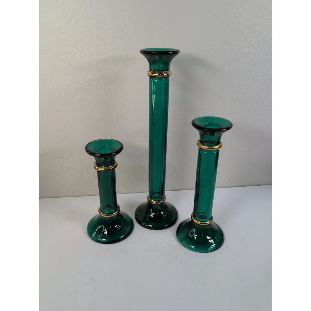 Pier One Set Of Green Glass Candlestick Holders / Bud Vases